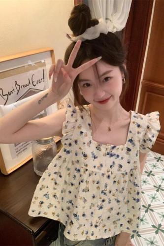 Real shot and real price Summer new sweet flower square collar single-breasted small flying sleeves shirt for women