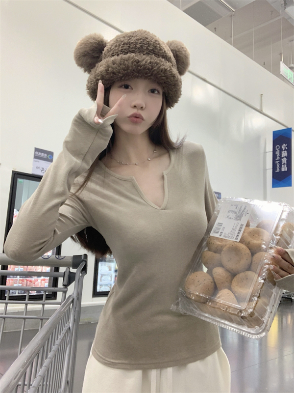 Not picky about thin people TV collar slit bottoming long-sleeved T-shirt women's autumn mist light fleece top
