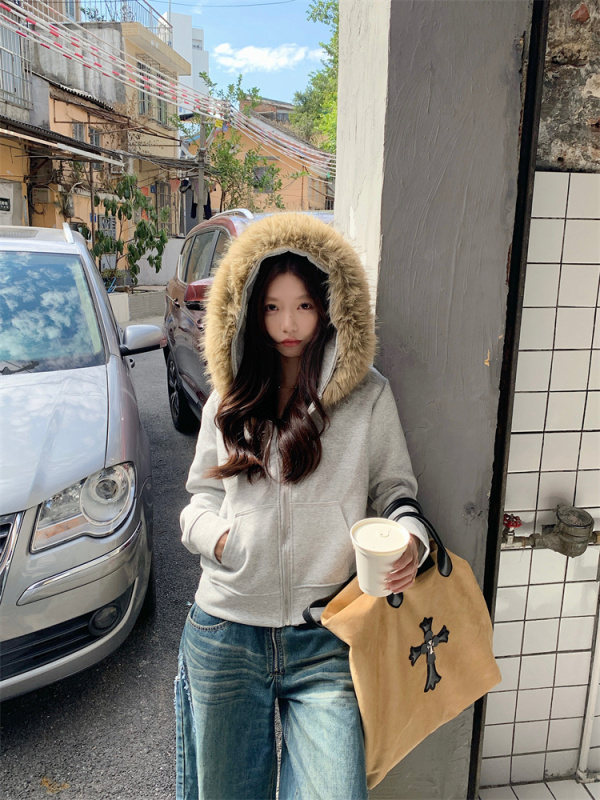 Autumn fur collar sweatshirt jacket for women thin front shoulder lettering gray hooded cardigan top