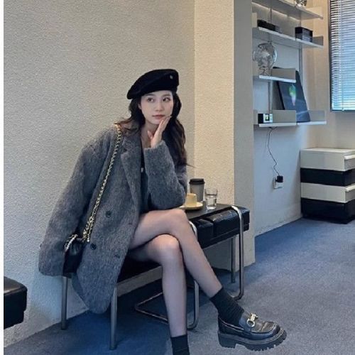Korean style casual fashion retro high-end woolen suit coat women's autumn and winter loose coat for small people