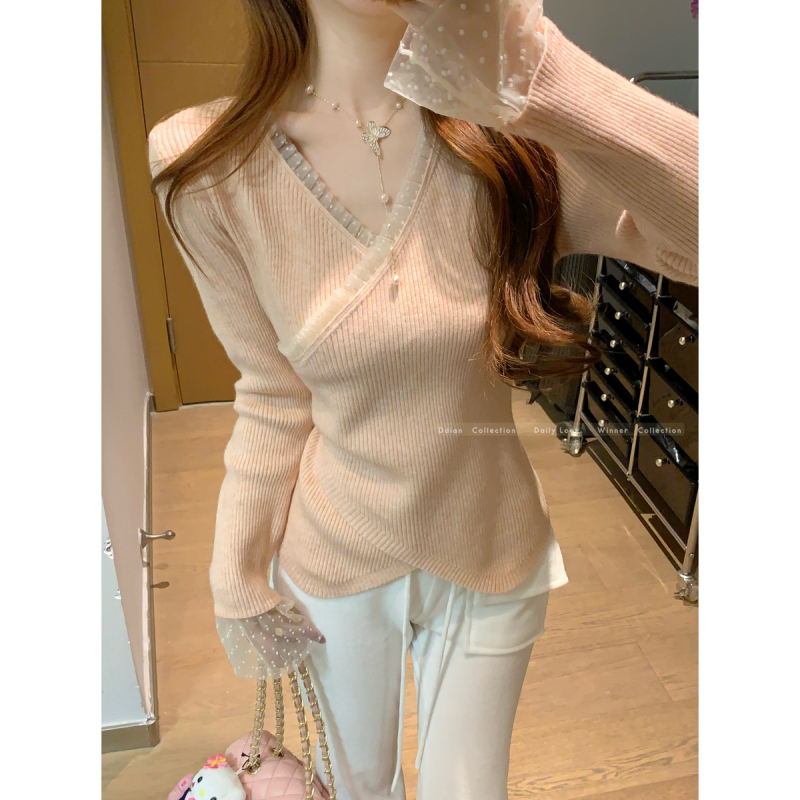 Autumn and winter Korean style temperament cross lace and gentle pure desire Andy velvet sweater base sweater