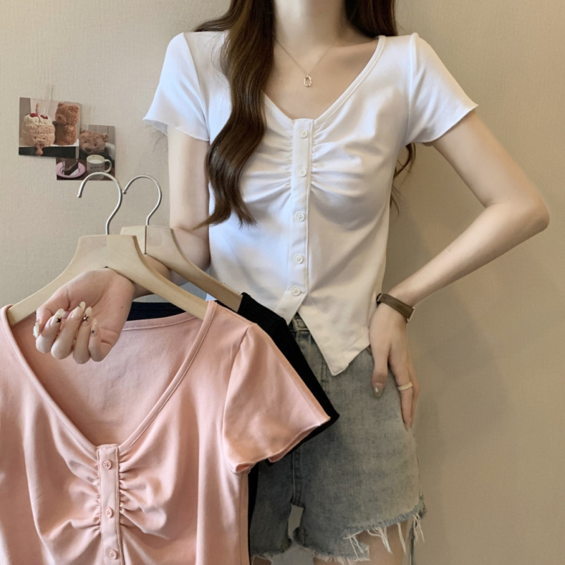 2024 summer V-neck short-sleeved T-shirt women’s design niche