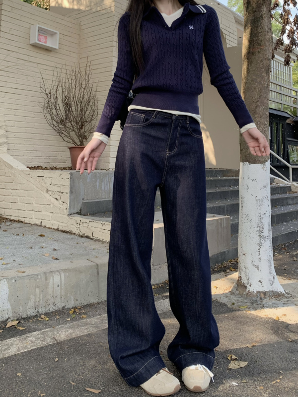 Winter new versatile velvet thickened straight wide-leg jeans