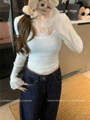 Retro Pure Desire Spliced ​​Lace Round Neck Knitted T-Shirt Versatile Short Slim Long Sleeve Bottoming Shirt for Women