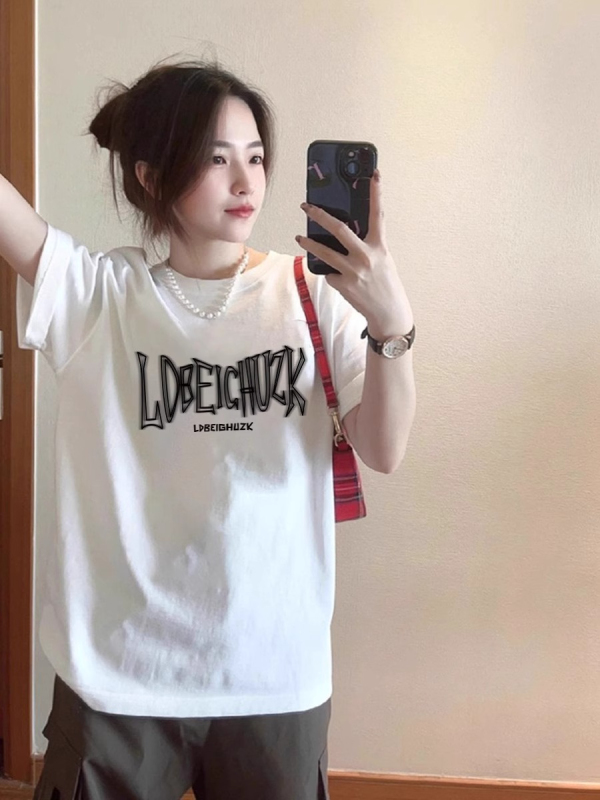 Hong Kong style casual letter print summer loose round neck pullover versatile short-sleeved T-shirt for women