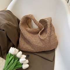 Straw bag women's 2024 new summer all-match casual shoulder bag forest handmade woven bag large capacity beach bag