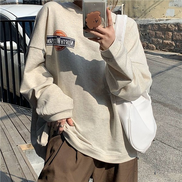 Korean style autumn new sweatshirt for women, loose front and back printed, vintage style, hoodless long sleeves