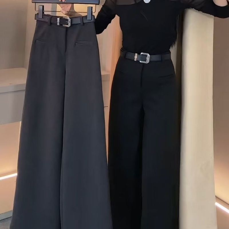 Autumn and winter new velvet and thickened 2024 large size high-waisted casual pants straight-leg slimming one-piece wide-leg floor-length trousers