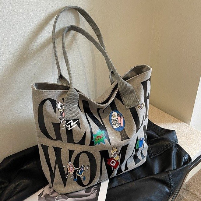Cross-border letter canvas bag large capacity 2024 new mommy pregnancy test handbag commuter shoulder tote bag