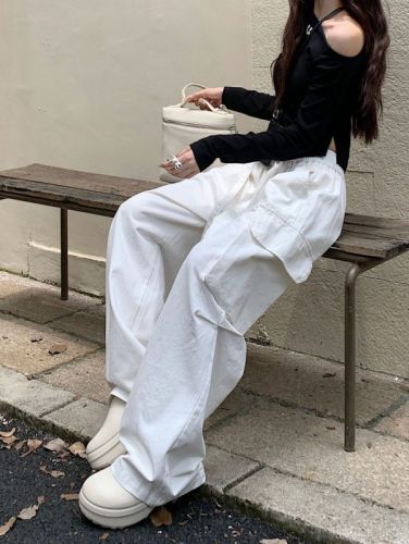 Ribbon design overalls straight high waist niche design pocket wide leg casual pants for women