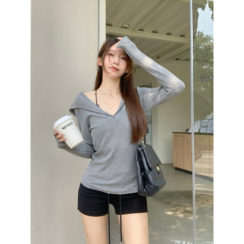 sasaouni same style hooded white bottoming shirt long-sleeved T-shirt women's autumn and winter inner top