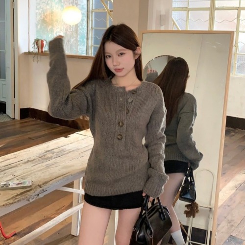 Pullover sweater for women in autumn and winter, loose, lazy, soft and waxy sweater, half open, slim collar, versatile top