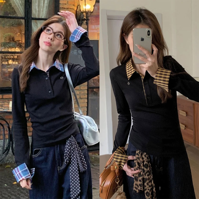 Fake two-piece plaid splicing polo collar autumn long-sleeved T-shirt for women with base layer top