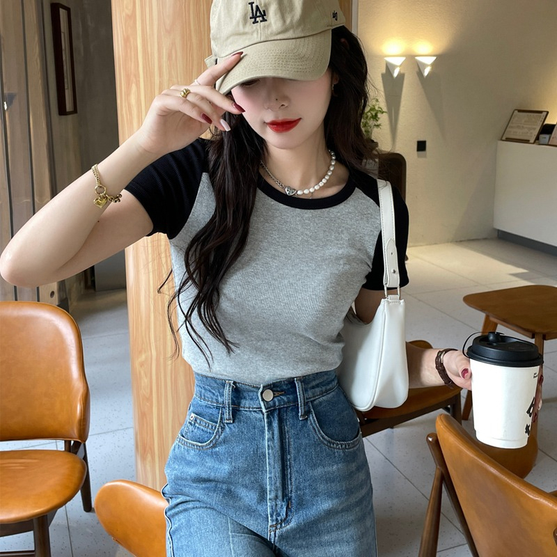T-shirt women's short-sleeved right shoulder short slim raglan sleeve contrast top summer
