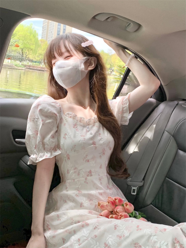 Real-priced irregular skirt floral dress for women 2024 summer French gentle style waist-cinching sweet skirt