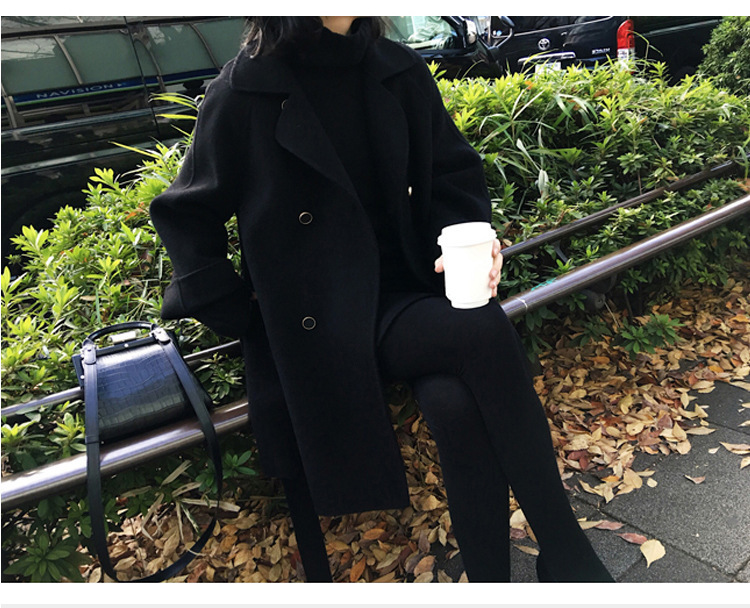 Black lace-up woolen coat for women autumn and winter new Korean style loose and slim medium-length Hepburn woolen coat