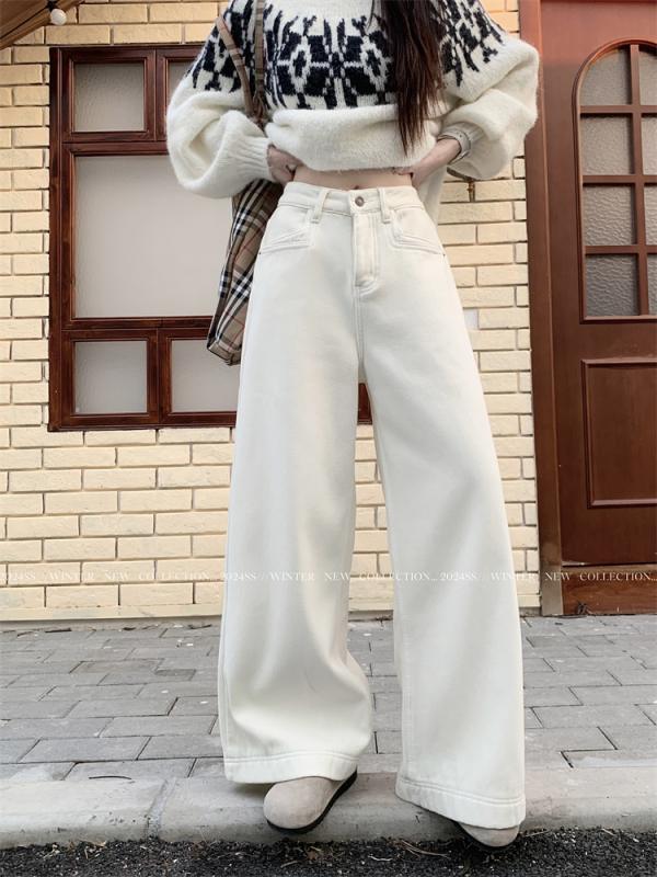 Autumn and winter velvet thickened jeans for women retro high-waist drape straight wide-leg trousers