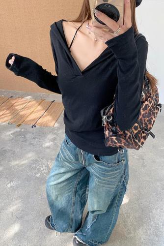 sasaouni same style hooded white bottoming shirt long-sleeved T-shirt women's autumn and winter inner top