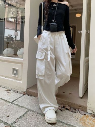 Ribbon design overalls straight high waist niche design pocket wide leg casual pants for women