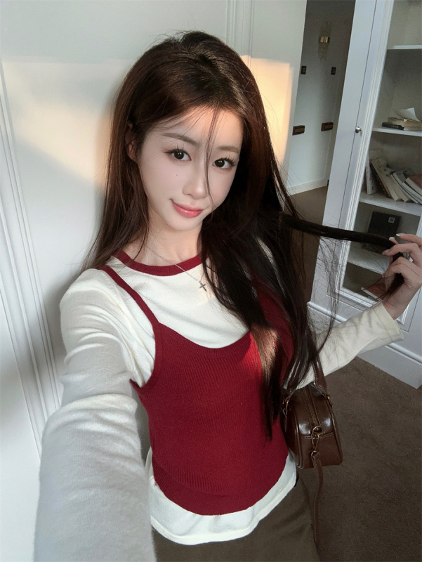 Autumn Outfit Set New Contrast Color Knitted Layer Top Two-piece Set Versatile