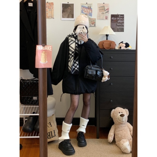 Actual shot#Korean style lapel quilted windbreaker and cotton coat for women in winter loose and thickened charging cotton coat mid-length coat