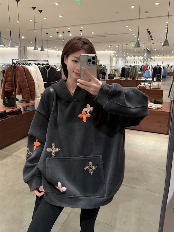 American thickened jacket, loose heavy-duty leather embroidery and fleece hooded sweatshirt