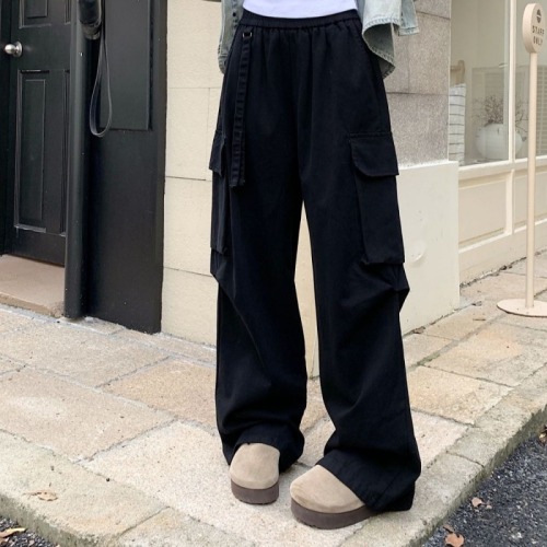 Ribbon design overalls straight high waist niche design pocket wide leg casual pants for women