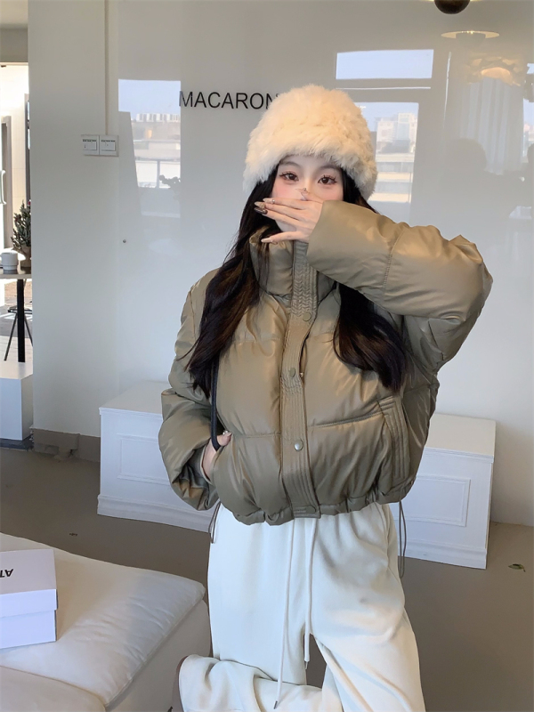 pu leather short cotton coat for women winter thickened stand collar bread coat small man ken bean coat