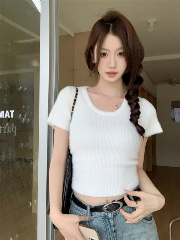 Actual shot, real price, spring and summer Korean style slim fit plush irregular short-sleeved T-shirt for women