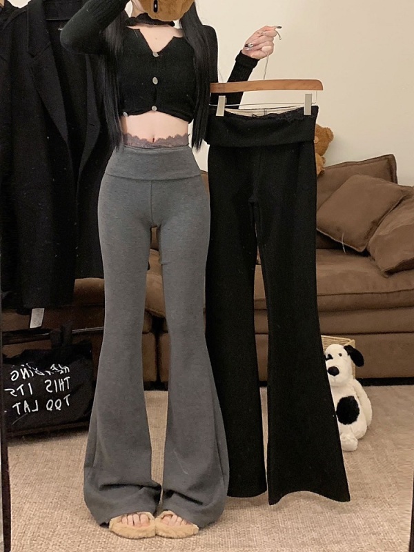 Lace splicing micro-flared casual pants winter slim stretch two-wear high-waisted slim horse hoof pants floor mopping pants