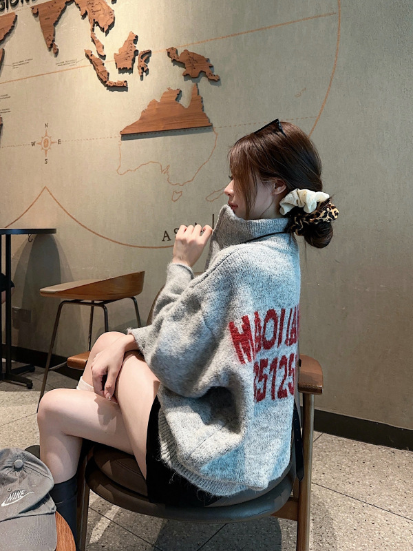 Contrast letter drawstring loose lazy style pullover gray sweater retro knitted jacket