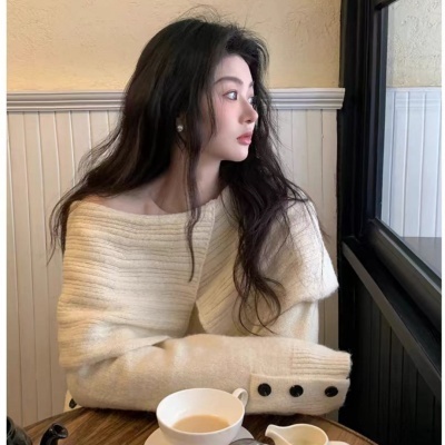 Retro college style apricot large lapel sweater for women in spring, autumn and winter, high-end temperament, casual and versatile knitted top trendy