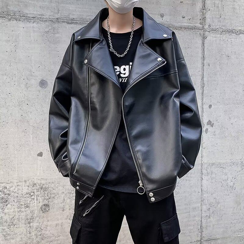 Autumn and winter new style high-end stand collar motorcycle leather jacket men's loose and trendy short shoulder pad jacket
