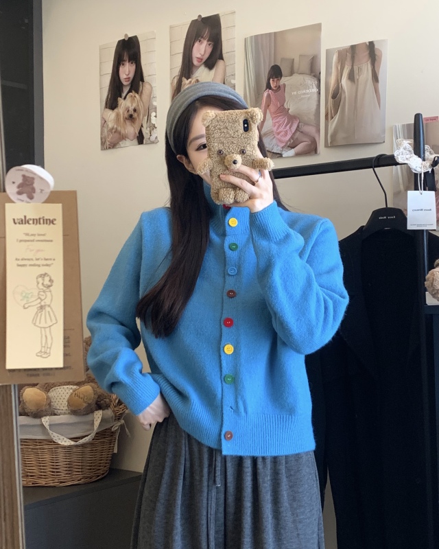 Korean style autumn and winter lazy style high collar long sleeve knitted cardigan sweater jacket