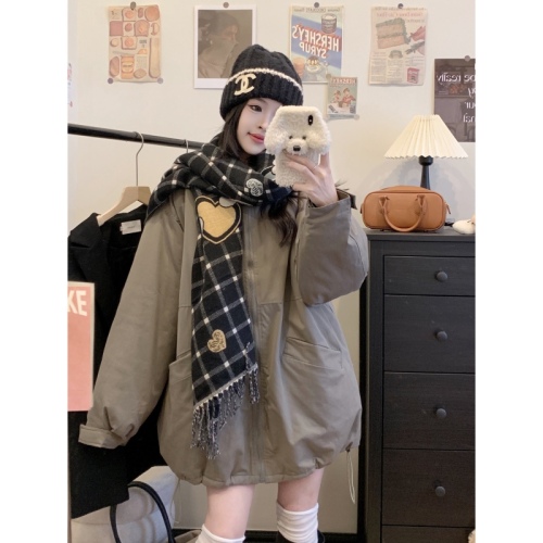 Actual shot#Korean style lapel quilted windbreaker and cotton coat for women in winter loose and thickened charging cotton coat mid-length coat