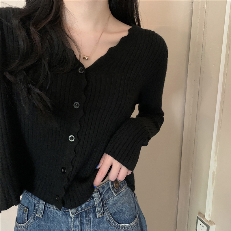Pure lusty style long-sleeved knitted cardigan for women autumn 2024 new Korean style V-neck slim short long-sleeved top