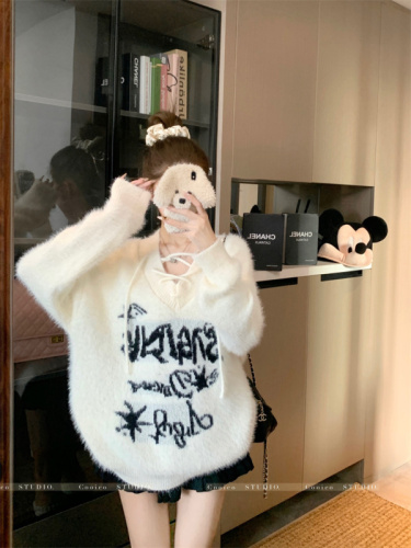 Fluffy, sweet and cool V-neck strappy imitation mink loose sweater to keep warm