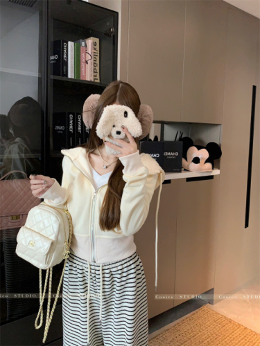 Women's sweatshirt autumn and winter thickened fleece hooded short coat striped pants suit