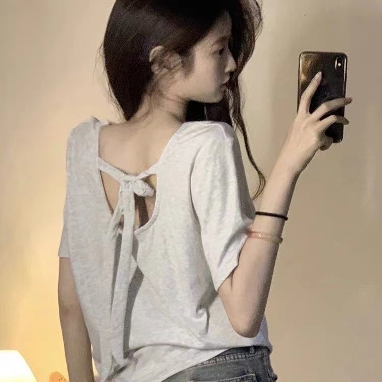 Pure cotton short-sleeved top with irregular temperament and bow design on the back