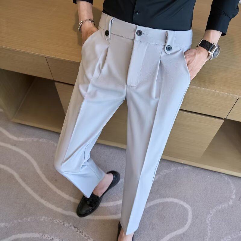 Small suit trousers men's nine-point slim straight casual pants men's high-end drape black suit long pants trendy