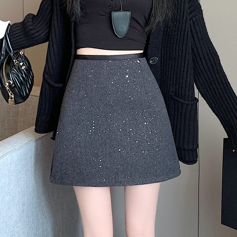 Xiaoxiangfeng Sparkling Heavy Industry Sequin A-line Skirt Women's Winter Thickened Woolen Skirt Hip-covering Short Skirt