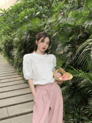 New style~Large size white puff sleeve shirt women's sweet fungus loose slimming short-sleeved top