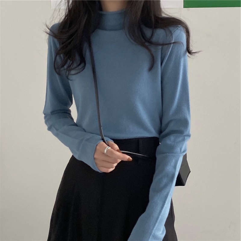 Half turtleneck haze blue slimming fat mm bottoming shirt for women autumn and winter long-sleeved sweater top