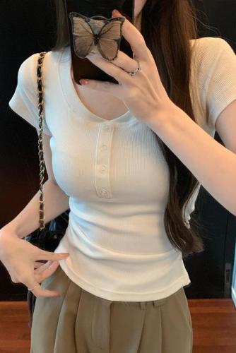 Real shot-right shoulder round neck short-sleeved white T-shirt summer pleated slim waist hottie short top for women