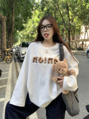 Large size leopard print embroidered white long-sleeved T-shirt women's autumn American retro loose round neck knitted top