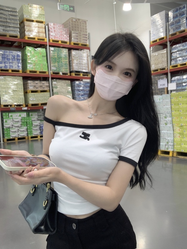 Real shot of hot girl design one-shoulder asymmetrical color-blocked short-sleeved off-shoulder T-shirt slim top for women