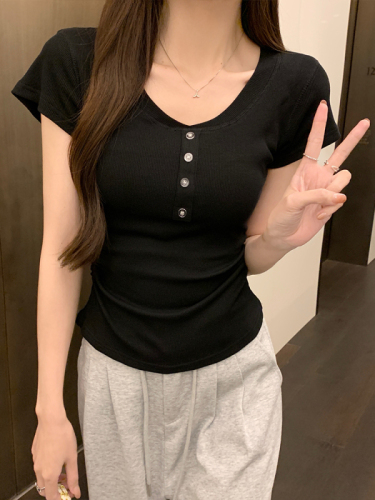 Real shot-right shoulder round neck short-sleeved white T-shirt summer pleated slim waist hottie short top for women