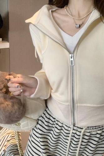 Women's sweatshirt autumn and winter thickened fleece hooded short coat striped pants suit