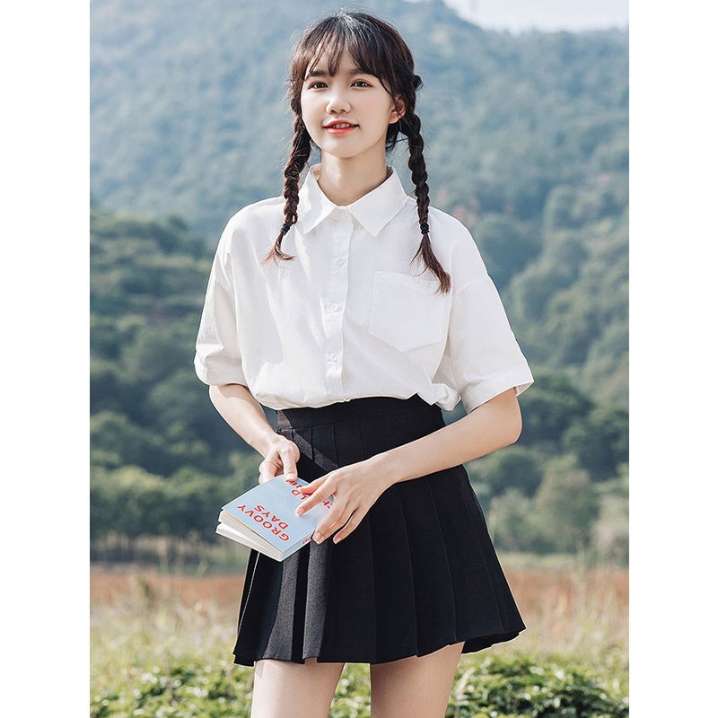 Shirt for women Korean style summer simple niche design short-sleeved white shirt casual solid color loose half-sleeved top
