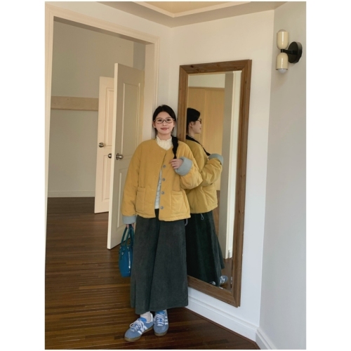 Practical goose yellow and blue reversible round neck thickened warm cotton jacket